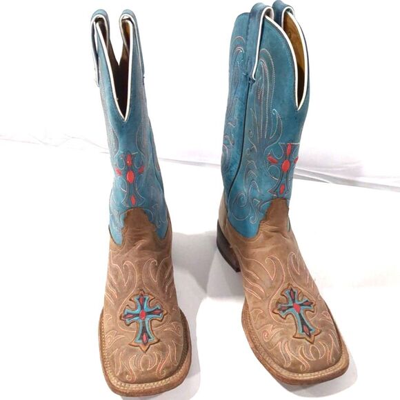 Tony Lama Shoes - Tony Lama Vintage Tan/Teal Cowboy Boots with Cross - Size 7.5